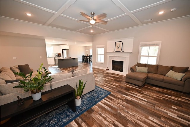 86 Lee Road 2229, Opelika, AL 36804 - living area with coffered ceiling, healthy amount of natural light, a ceiling fan, dark wood-style flooring, and a fireplace