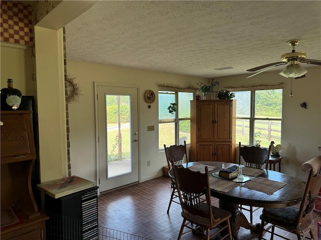 dining area with ceiling fan, a healthy amount of sunlight, and a textured ceiling