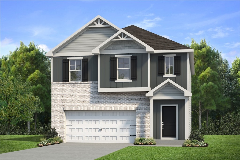 2674 Jansen Ave, Opelika, AL 36804 - view of front of house featuring board and batten siding, brick siding, a front lawn, concrete driveway, and a garage
