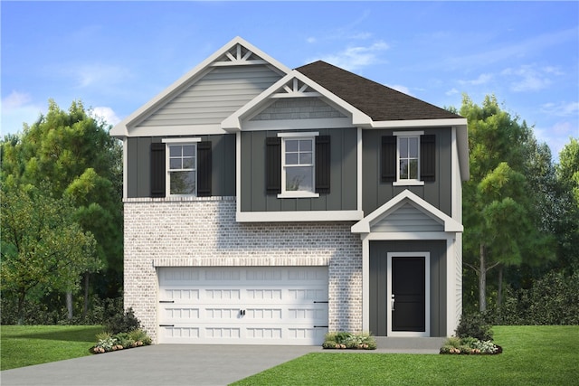 2674 Jansen Ave, Opelika, AL 36804 - view of front of house featuring board and batten siding, brick siding, a front lawn, concrete driveway, and a garage