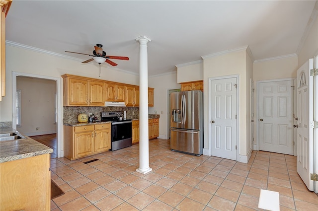 kitchen featuring backsplash, ornamental molding, light tile patterned floors, ceiling fan, and stainless steel appliances