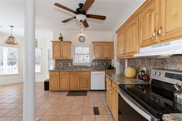 kitchen with white dishwasher, light tile patterned floors, backsplash, and stainless steel range with electric stovetop