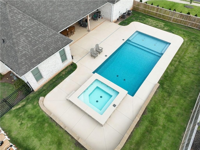 110 Newton Way, Auburn, AL 36830 - view of swimming pool featuring a fenced backyard, a patio, and a pool with connected hot tub