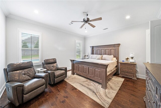 110 Newton Way, Auburn, AL 36830 - bedroom with dark wood finished floors, crown molding, recessed lighting, and ceiling fan