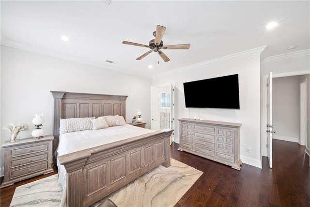 110 Newton Way, Auburn, AL 36830 - bedroom featuring dark wood-style flooring, crown molding, recessed lighting, and ceiling fan