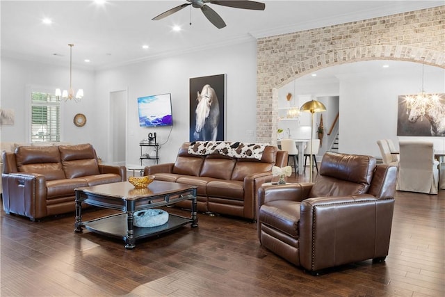 110 Newton Way, Auburn, AL 36830 - living room with a chandelier, dark wood-type flooring, a ceiling fan, arched walkways, and recessed lighting