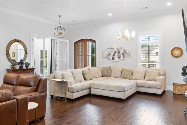 110 Newton Way, Auburn, AL 36830 - living room with a chandelier, arched walkways, dark wood finished floors, ornamental molding, and recessed lighting