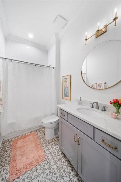 110 Newton Way, Auburn, AL 36830 - full bathroom featuring crown molding, vanity, a shower with shower curtain, and tile patterned floors