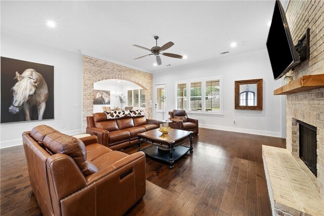 110 Newton Way, Auburn, AL 36830 - living area featuring ceiling fan, a brick fireplace, ornamental molding, dark wood-style flooring, and recessed lighting