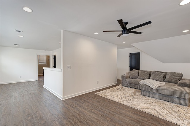 living area with baseboards, visible vents, ceiling fan, dark wood-style flooring, and recessed lighting