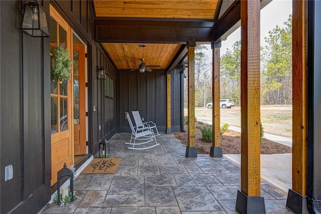 view of patio / terrace featuring covered porch and a ceiling fan