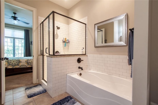 bathroom featuring tile patterned flooring, ceiling fan, and separate shower and tub