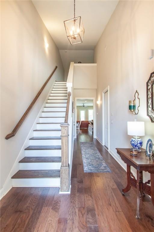 foyer entrance featuring a high ceiling, dark wood-type flooring, and ceiling fan with notable chandelier