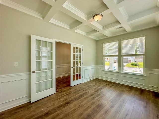 2260 Red Tail Ln, Auburn, AL 36879 - empty room with french doors, beam ceiling, dark wood-style floors, coffered ceiling, and a wainscoted wall