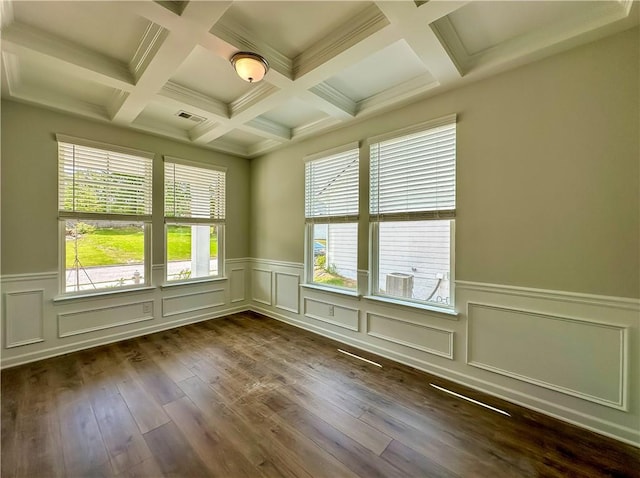 2260 Red Tail Ln, Auburn, AL 36879 - spare room featuring beam ceiling, dark wood-style flooring, healthy amount of natural light, a wainscoted wall, and coffered ceiling