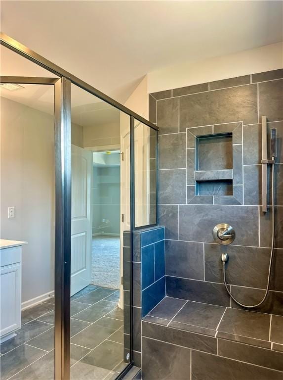 2260 Red Tail Ln, Auburn, AL 36879 - full bathroom featuring a shower stall, tile patterned floors, and vanity