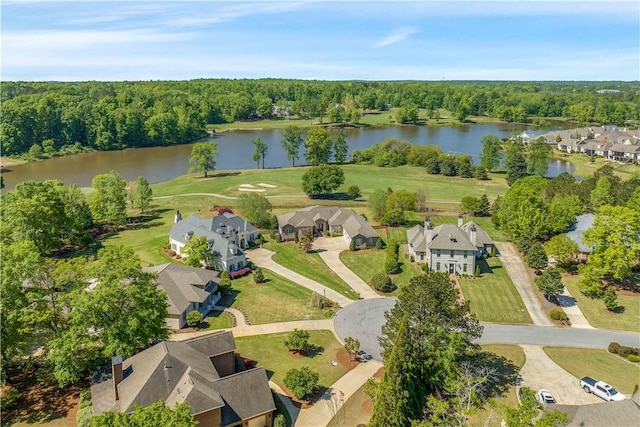 birds eye view of property with a residential view and a water view