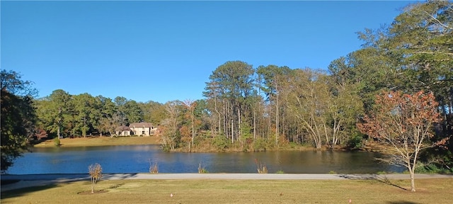 property view of water featuring a wooded view