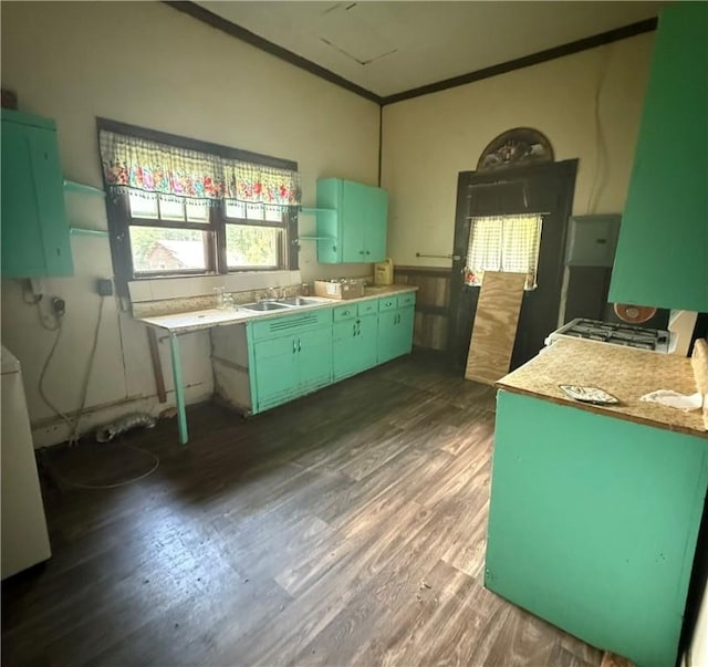 133 Bridges St, Notasulga, AL 36866 - kitchen with wood finished floors, crown molding, water heater, light countertops, and stove