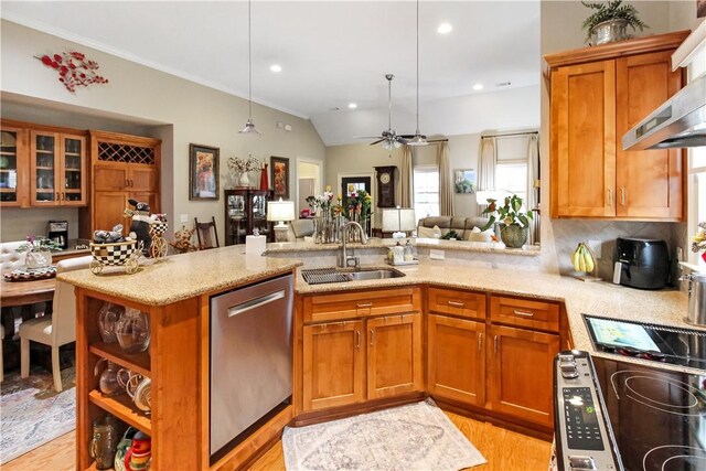 3403 Double Eagle Ln, Opelika, AL 36801 - kitchen with dishwasher, a sink, a peninsula, light wood finished floors, and crown molding