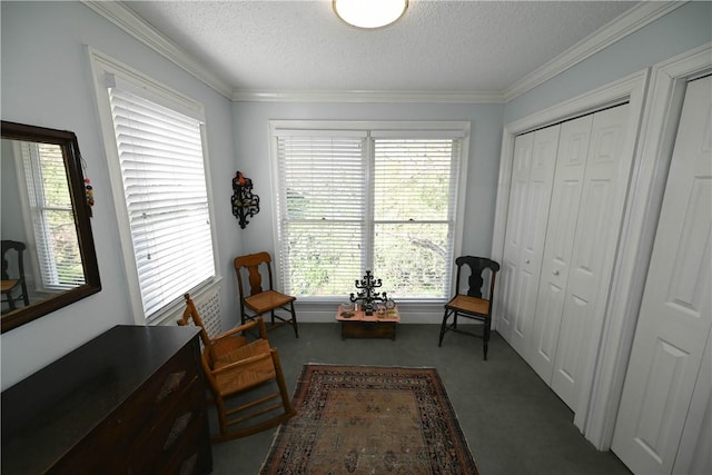 sitting room with carpet floors, ornamental molding, and a textured ceiling