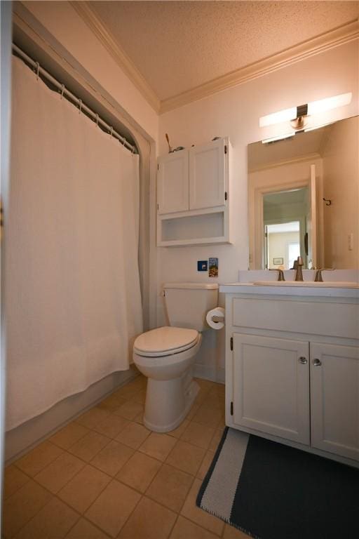 full bath featuring a textured ceiling, crown molding, toilet, tile patterned floors, and vanity