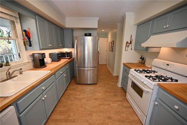 kitchen featuring crown molding, stainless steel appliances, under cabinet range hood, a sink, and wood counters