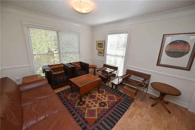 living room with crown molding