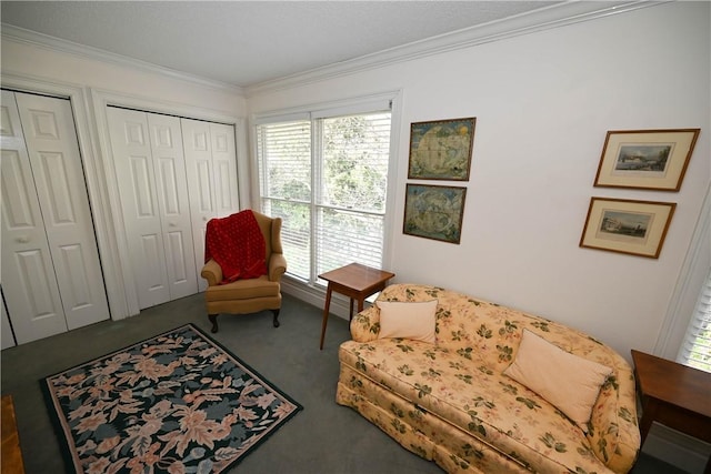 living area featuring carpet flooring and ornamental molding