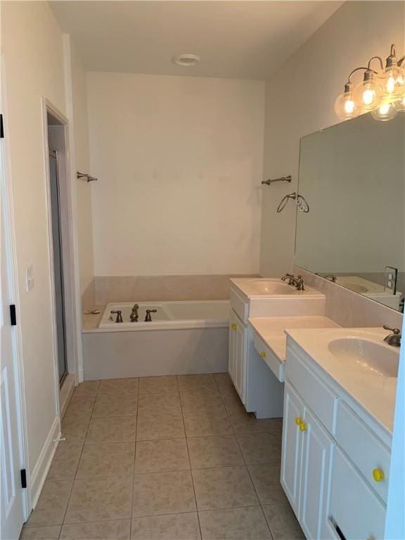 full bathroom with tile patterned flooring, a shower stall, a bath, and two vanities