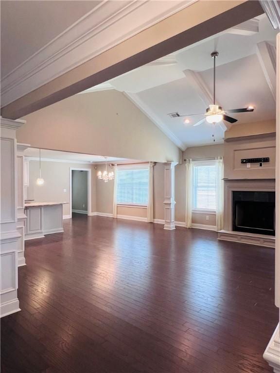 1024 Hampstead Ln, Opelika, AL 36801 - unfurnished living room with a fireplace with raised hearth, ceiling fan, a chandelier, and dark wood-style floors