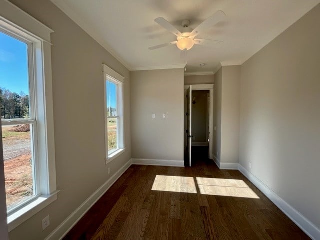 empty room featuring plenty of natural light, dark wood-type flooring, and ceiling fan