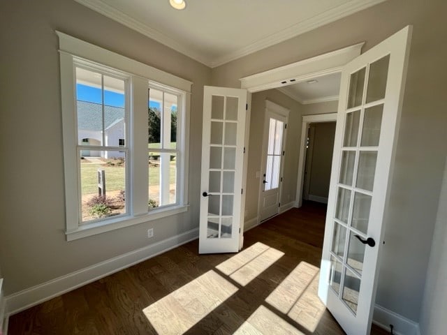 doorway to outside featuring crown molding, dark wood-type flooring, and french doors