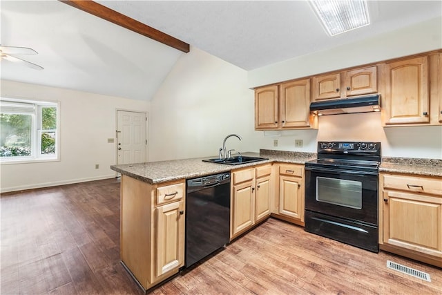 283 Ivy Ln, Auburn, AL 36830 - kitchen featuring black appliances, under cabinet range hood, light wood-type flooring, and light brown cabinets