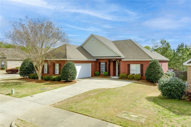 view of front of home featuring a garage, brick siding, concrete driveway, roof with shingles, and a front yard