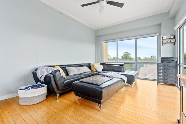 277 S Gay St Unit 601, Auburn, AL 36830 - living room featuring baseboards, ornamental molding, light wood-style floors, and ceiling fan