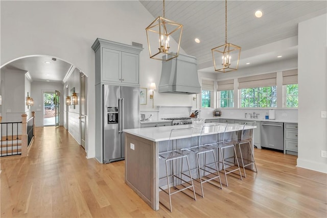 kitchen with light countertops, light wood-style flooring, gray cabinetry, appliances with stainless steel finishes, and custom exhaust hood