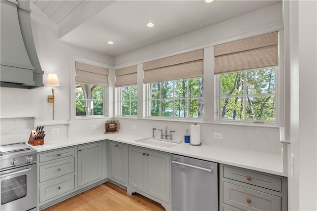kitchen with a sink, backsplash, gray cabinetry, appliances with stainless steel finishes, and custom range hood