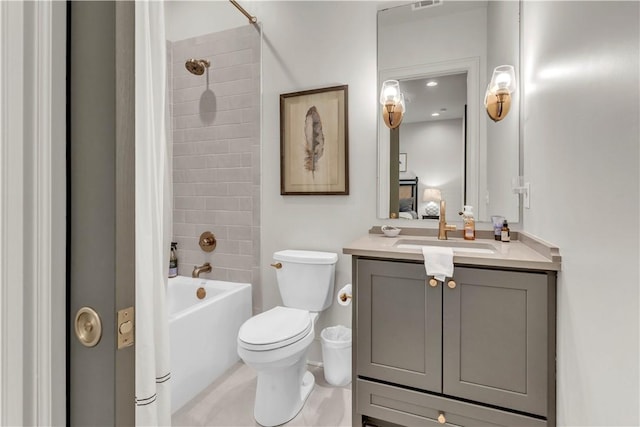 ensuite bathroom with toilet, vanity, ensuite bath, visible vents, and shower / bathtub combination with curtain