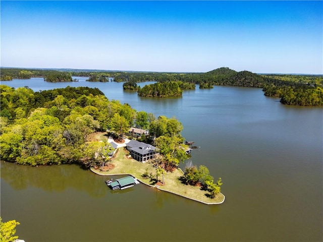aerial view with a water view and a forest view