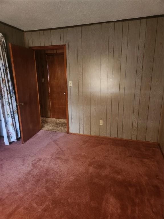 empty room with a textured ceiling, carpet floors, and wood walls