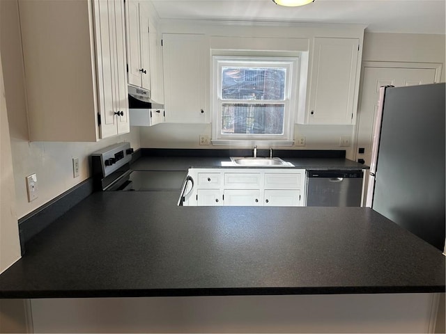 kitchen with kitchen peninsula, sink, white cabinets, and appliances with stainless steel finishes