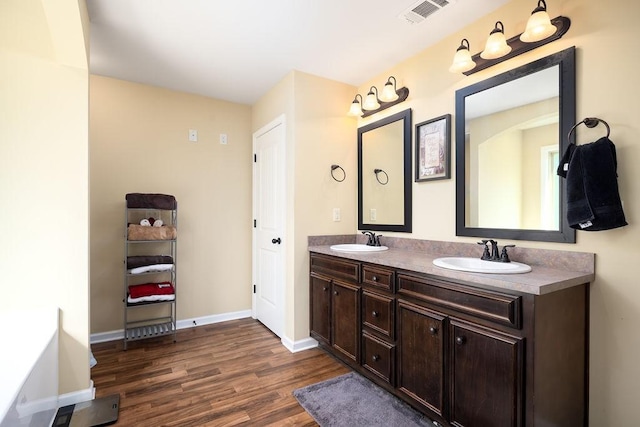 bathroom with vanity and wood-type flooring