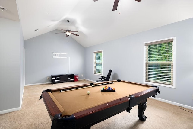 rec room featuring lofted ceiling, a wealth of natural light, light colored carpet, and ceiling fan