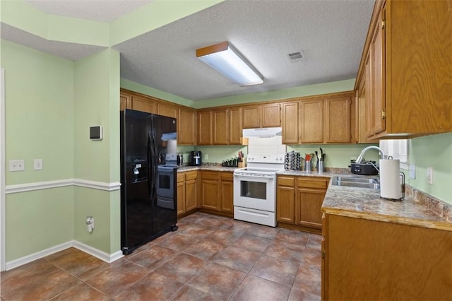 1417 Ridge Rd, Opelika, AL 36801 - kitchen with electric range, black refrigerator with ice dispenser, under cabinet range hood, light countertops, and brown cabinetry