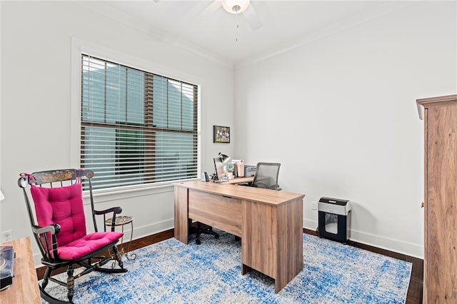 office featuring ceiling fan, baseboards, crown molding, and wood finished floors