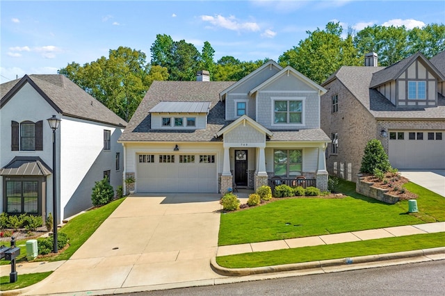 view of front of home with driveway, a porch, a front lawn, and a shingled roof