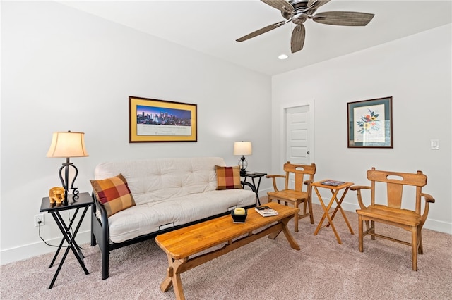 living area with carpet, baseboards, a ceiling fan, and recessed lighting