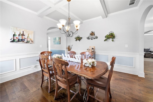 300 Holland Loop, Smiths Station, AL 36877 - dining room featuring arched walkways, beamed ceiling, a chandelier, dark wood finished floors, and wainscoting