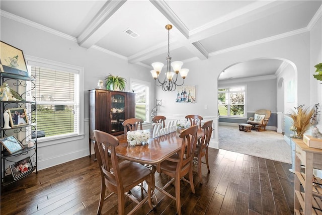 300 Holland Loop, Smiths Station, AL 36877 - dining area with arched walkways, dark wood-style floors, beam ceiling, a chandelier, and ornamental molding